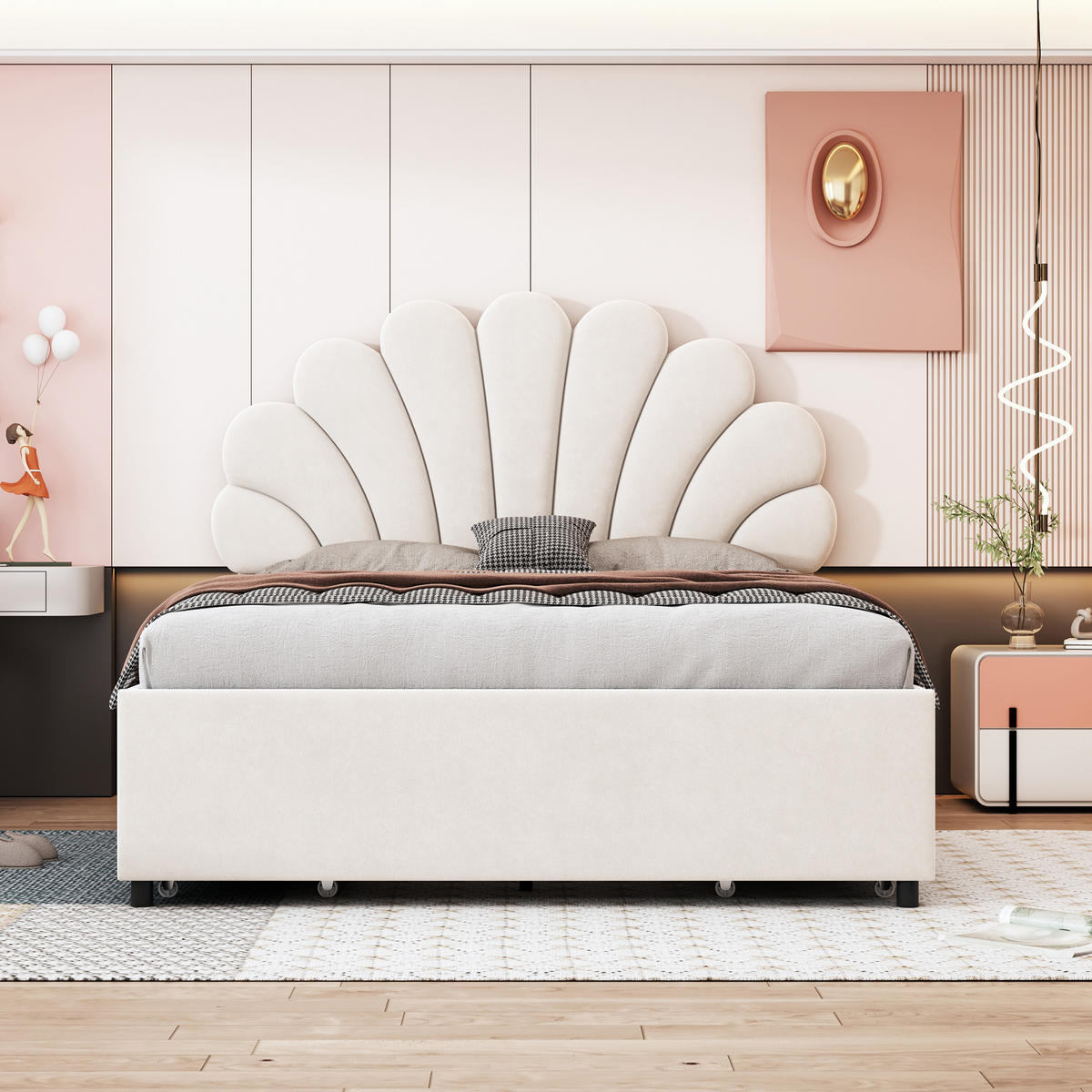 POLSTERBETT 140/200 cm beige aus Samt mit 4 Schubladen - Beige, Textil (140/200cm) - OKWISH