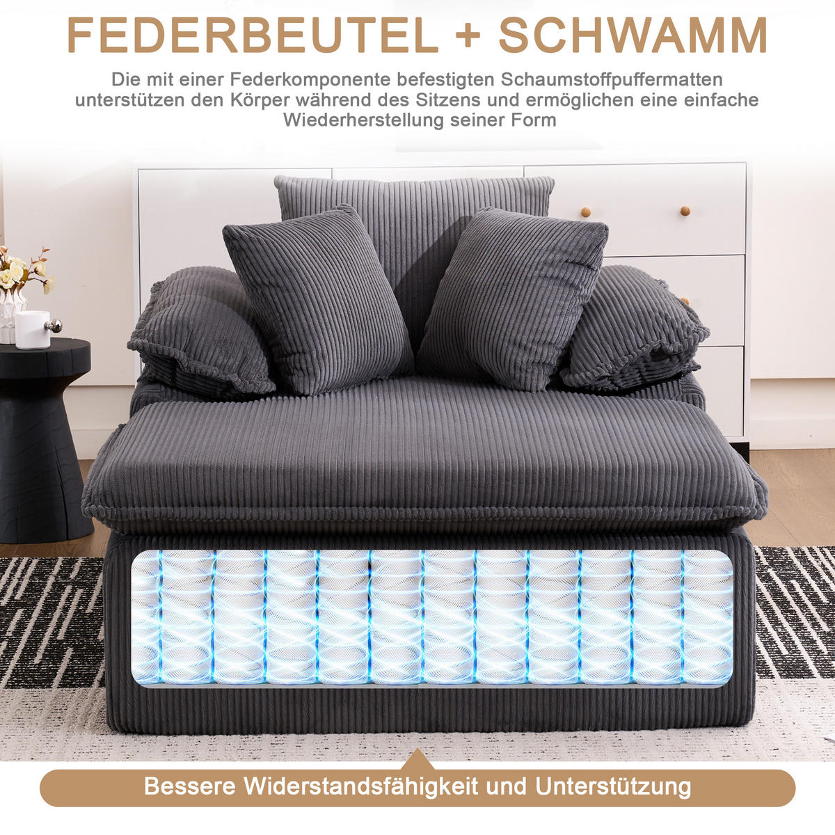 RELAXSOFA Cordstoff ergonomisch und ohne Montage 177/122/92 cm Grau - Grau, Textil (122/92/177cm) - Redom