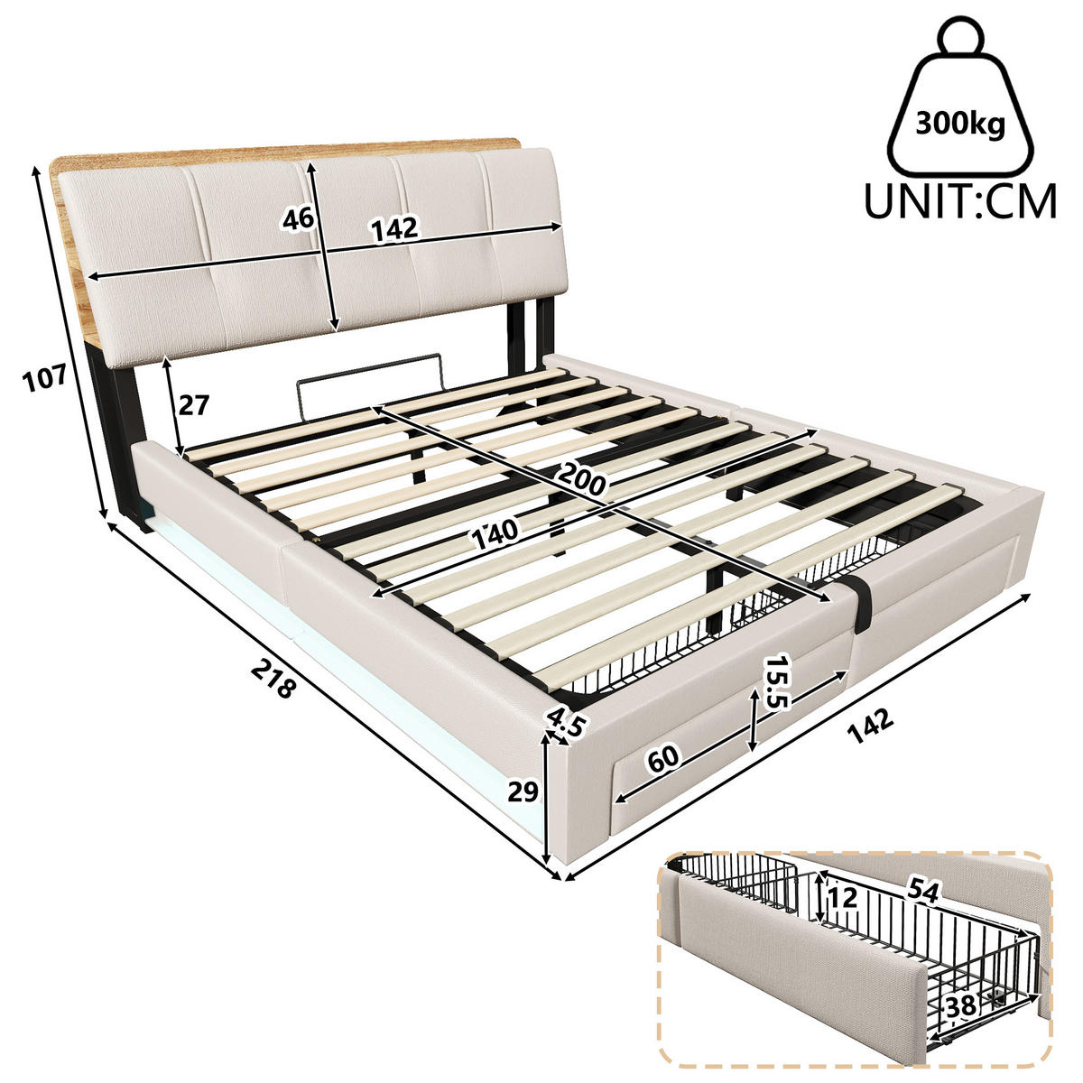 POLSTERBETT 140/200 cm Beige mit USB-Typ-C-Ladeanschluss, LED-Beleuchtung und 2 Schubladen - Beige, Textil (140/200cm) - Oxeza