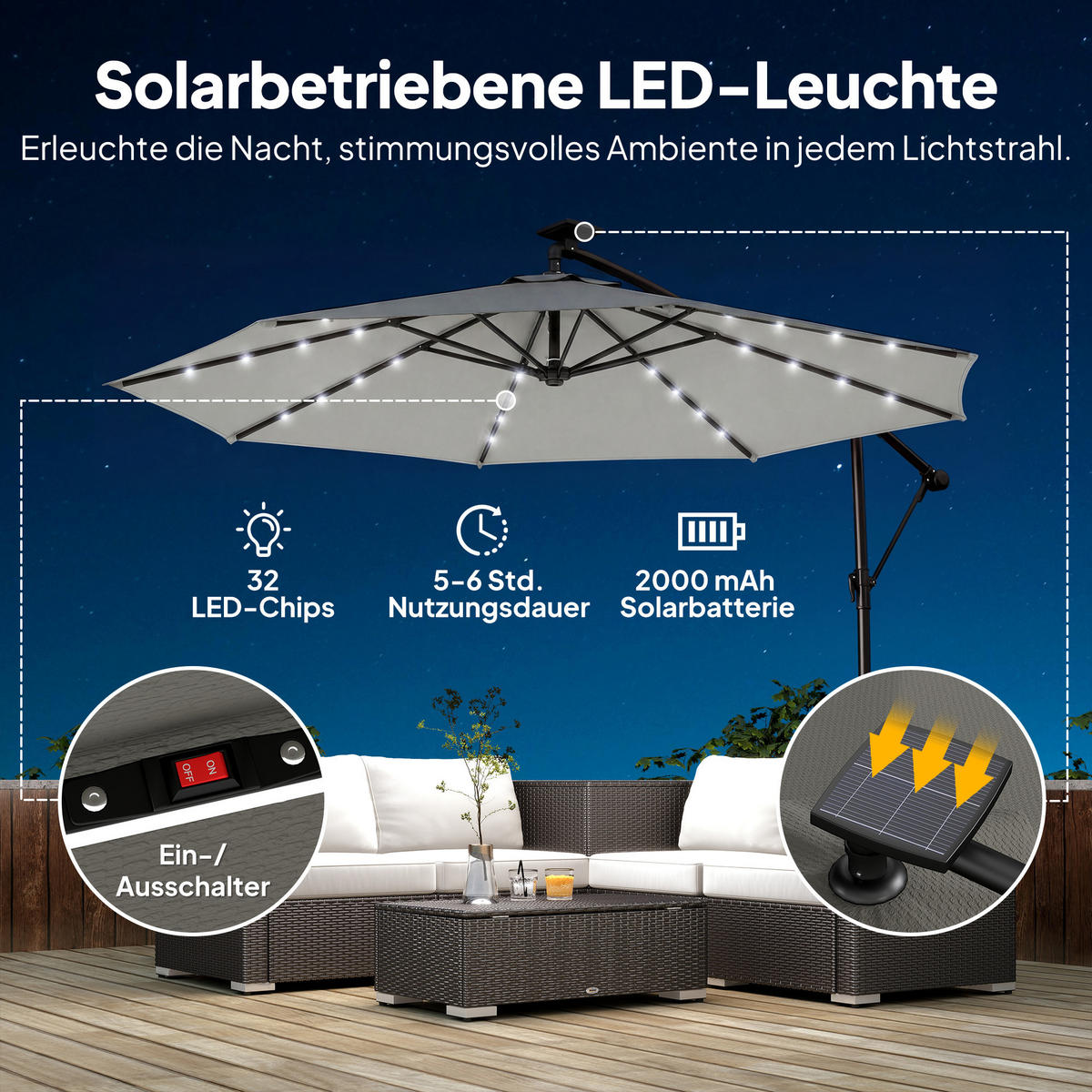 AMPELSCHIRM mit Solar LED aus Polyester Hellgrau Ø300 cm - Hellgrau, Textil/Metall (300/300cm) - Outsunny