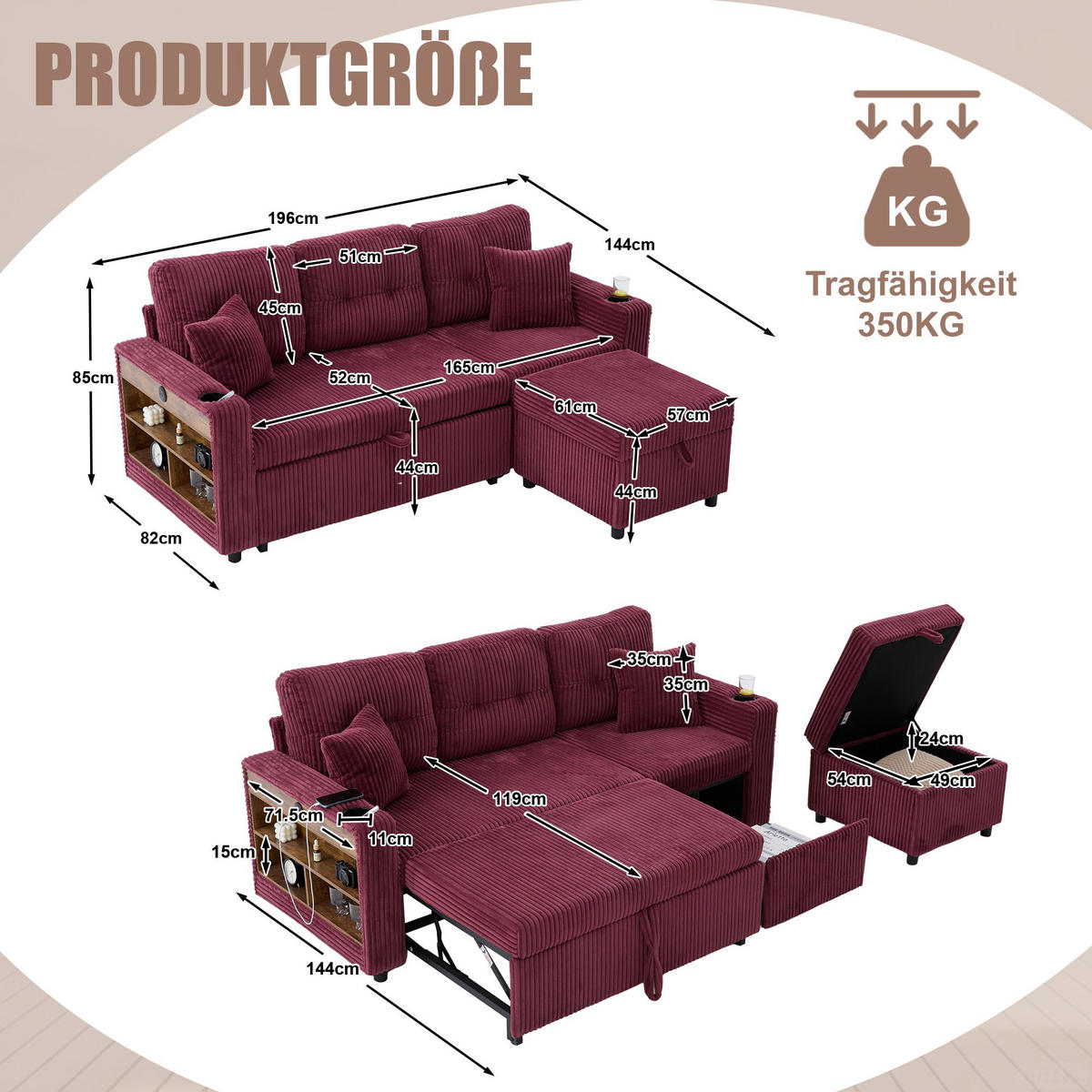 SCHLAFSOFA 3-er Sofa mit Schlaffunktion,Aufbewahrungshocker,Cord,Rot - Rot, Textil (196/85/119cm) - LVHOM