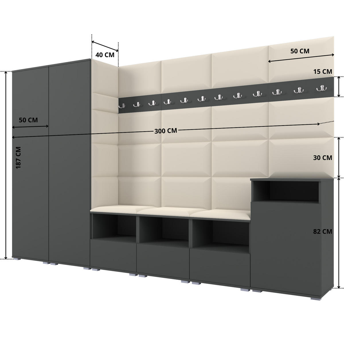GARDEROBE NELA XII 300 cm (Modulare Flurmöbel Graphit mit Sitzpolster Creme 01 Gigantisches Set) - Silberfarben/Creme, Holz/Holzwerkstoff (300/187/40cm) - Ravio