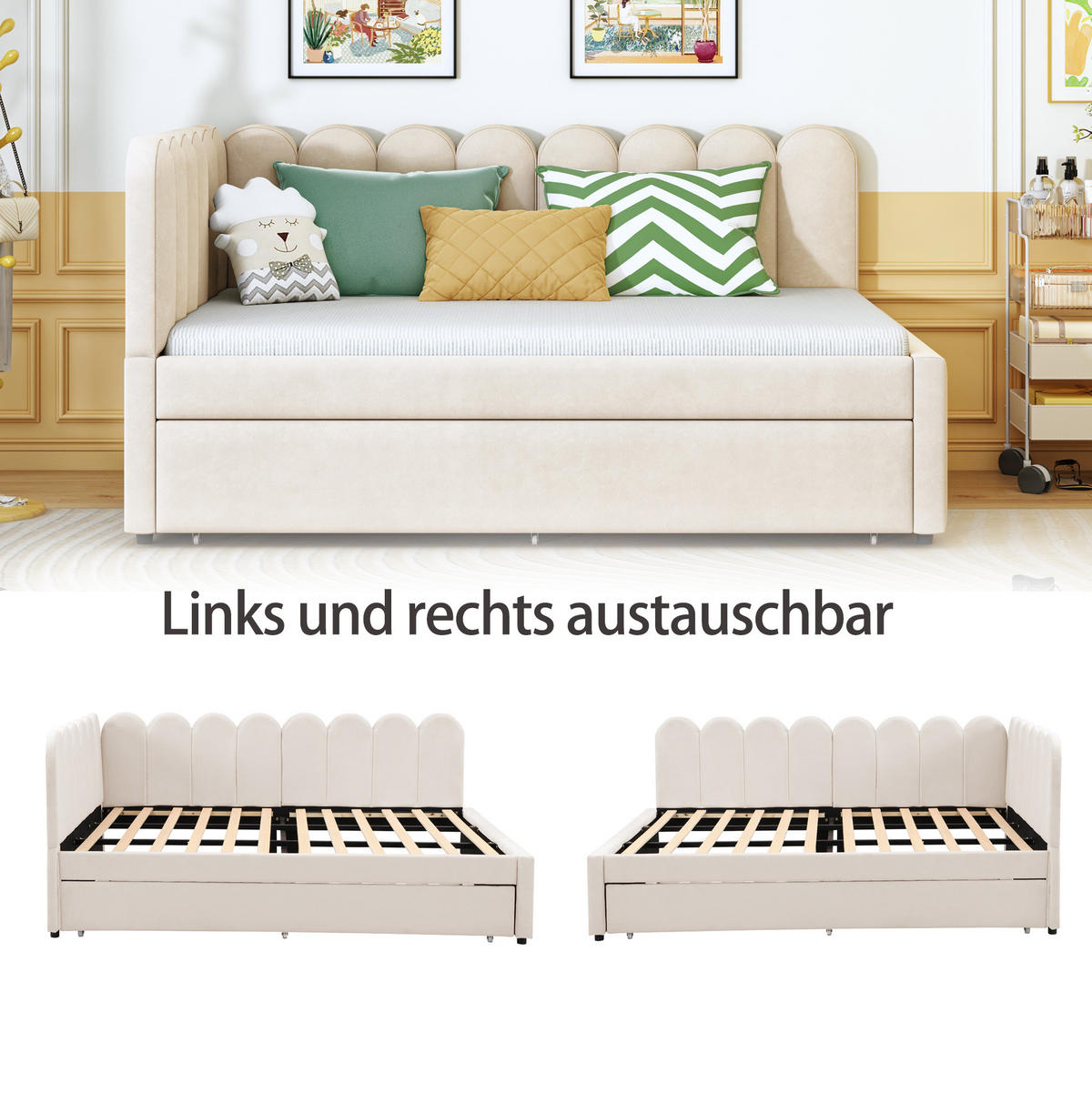 POLSTERBETT 140/200 cm mit Ausziehbett, L-Form und blütenblattförmiger Rückenlehne, Beige - Beige, Textil (140/200cm) - Redom