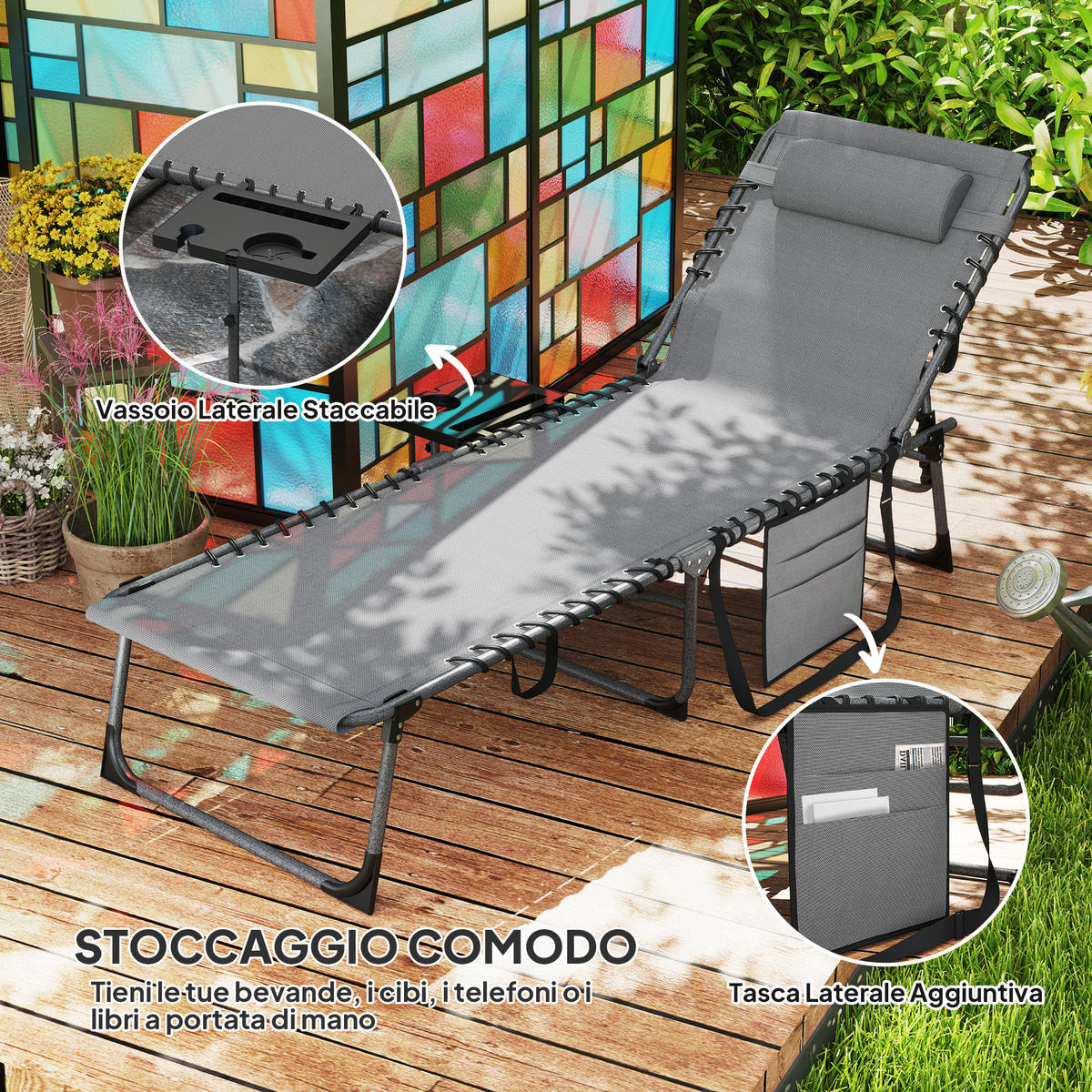 SONNENLIEGE Klappbare und verstellbare 5-stufige mit Beistelltisch und Tasche Grau und Schwarz 60 x 190 x 31 cm - Grau, Metall (60/31/190cm) - Vallsero