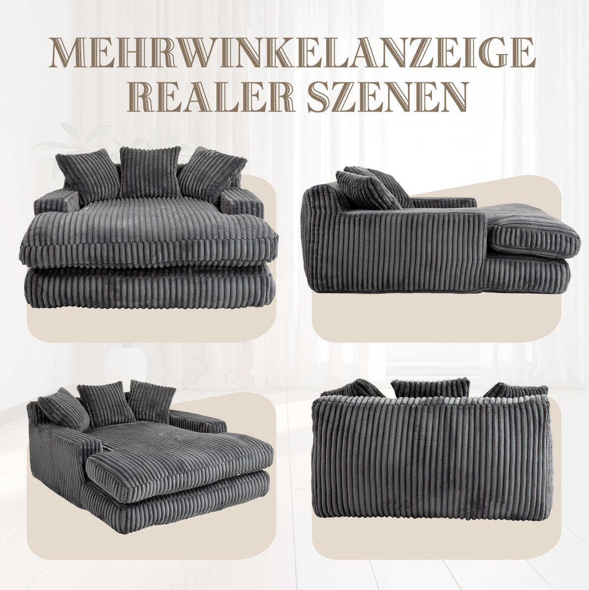 BIGSOFA 125/155/63 cm in Cord Dunkelgrau mit Chaiselongue - Dunkelgrau, Textil (63/125/155cm) - BEAOK