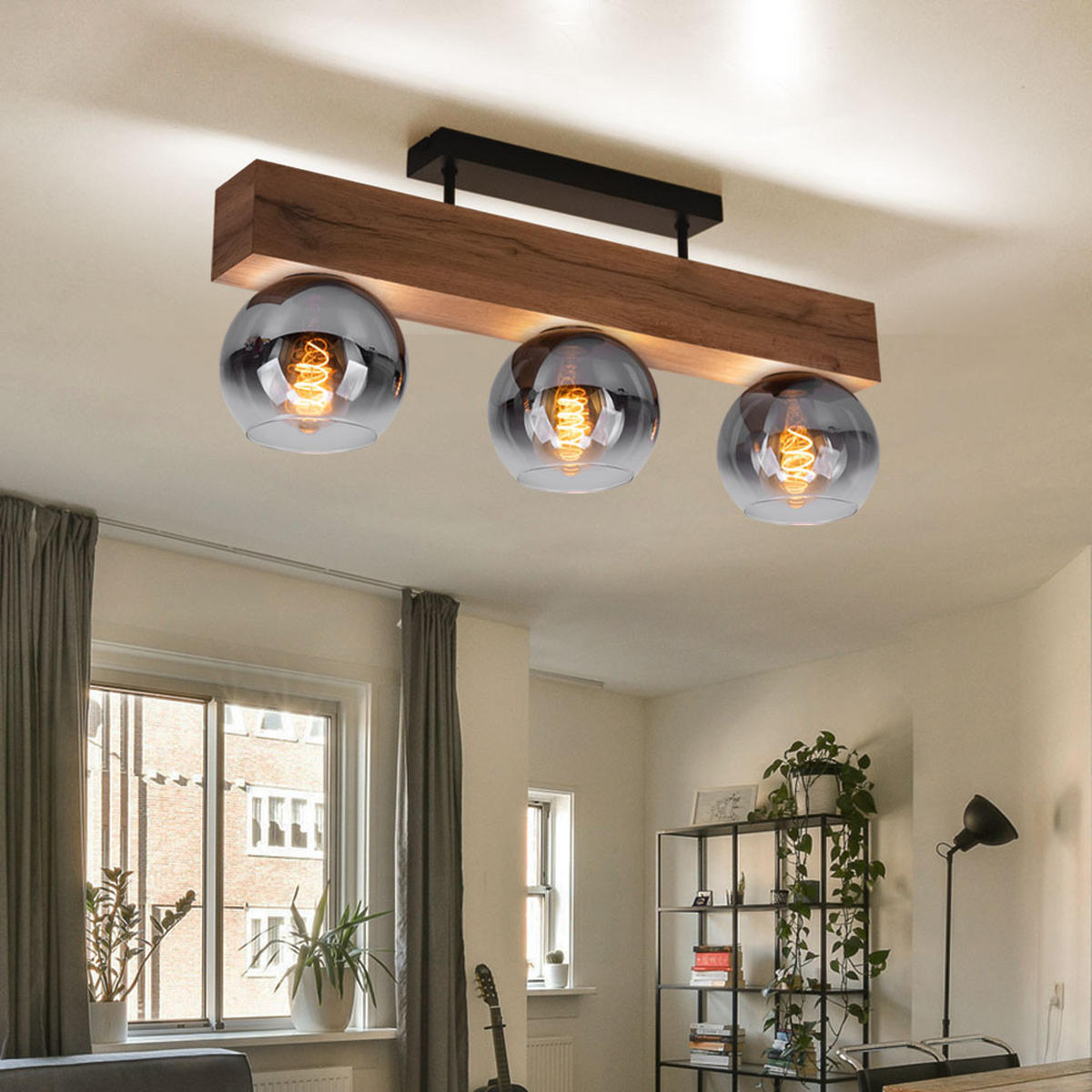 DECKENLEUCHTE MOITAS Braun Holzoptik - Braun, Glas (65/15/28cm) - Globo Lighting