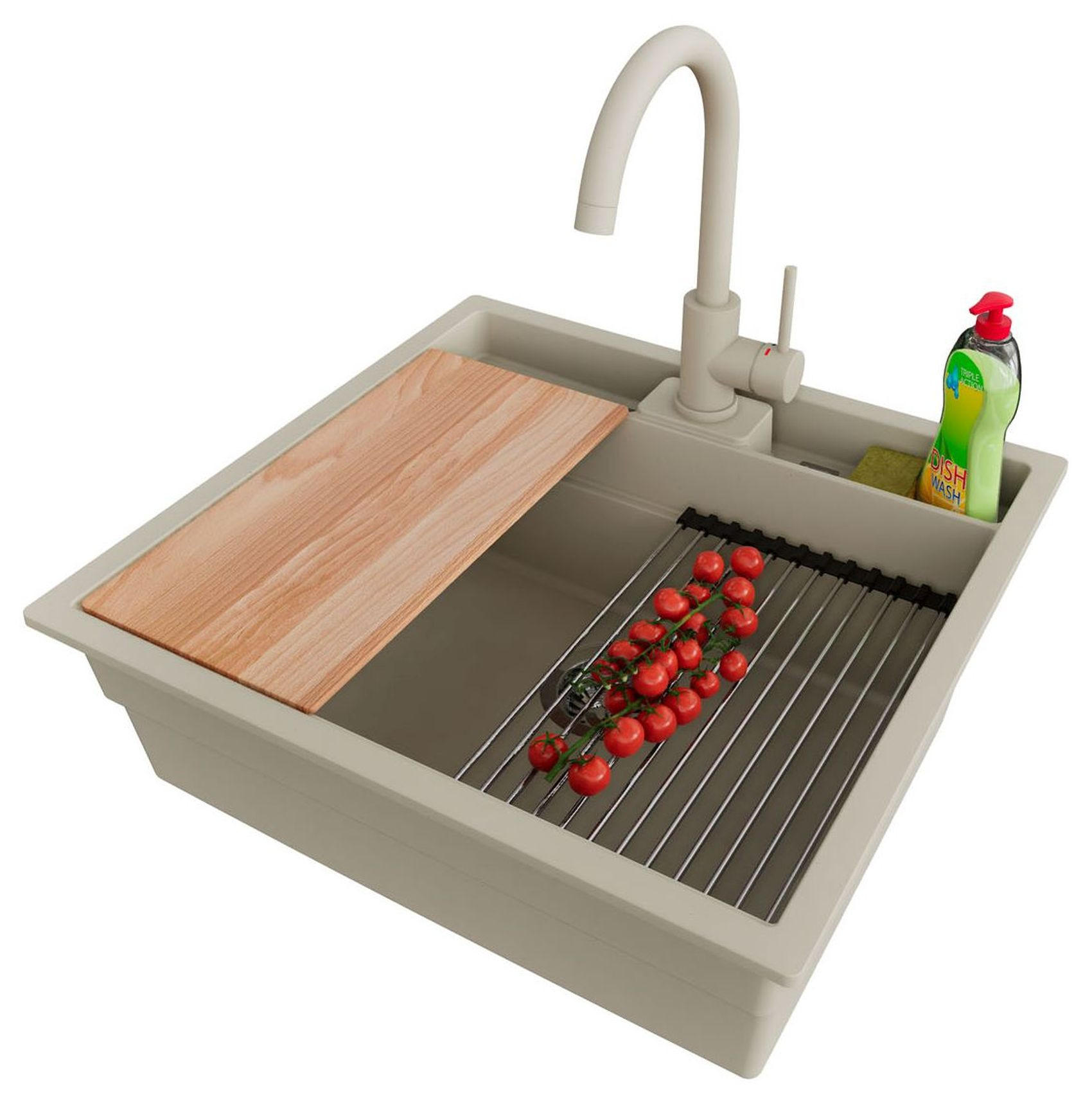 UNTERBAUSPÜLE GRANIT Bergen Pocket, 2-er set Beige 56/54 cm 1 Becken + Küchenarmatur 32/20 cm + Ablauf-Set + Küchenzubehörset ab 60er Unterschrank - Chromfarben/Beige, Kunststoff (56/20/54cm) - Primagran