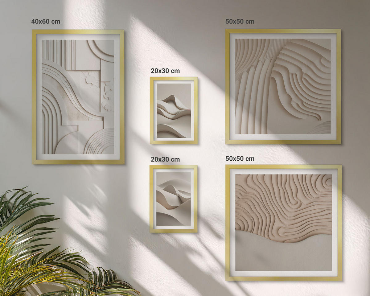 BILDER SET 5er Set - 50x50 cm & 20x30 cm & 40x60 cm Goldrahmen - Abstrakte beige Wellen - Goldfarben, Kunststoff (40/60cm) - TULUP