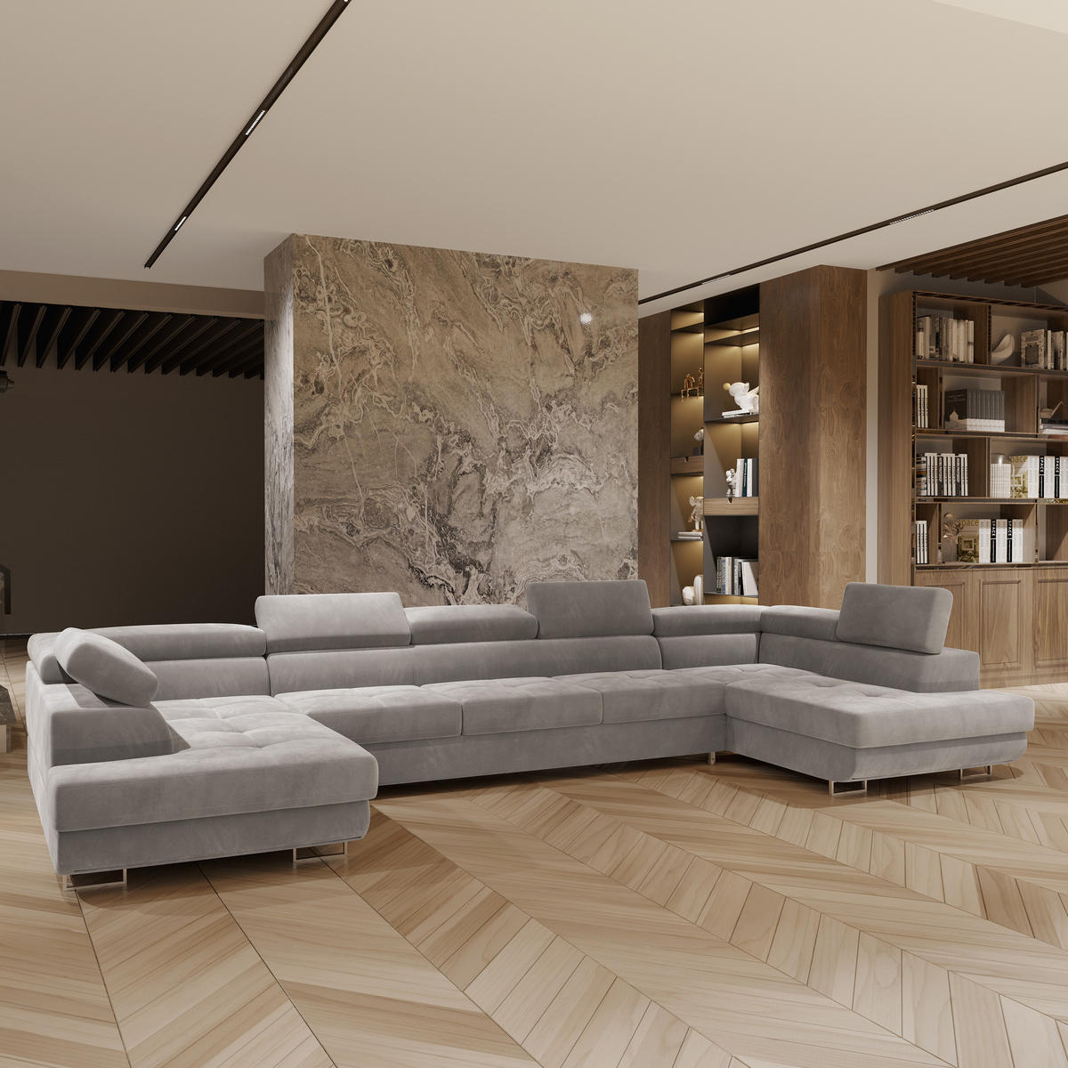 WOHNLANDSCHAFT ISOLANO Hellgrau Velours-Stoff mit Schlaffunktion - Hellgrau, Holz (408/90/202cm) - MASSENO