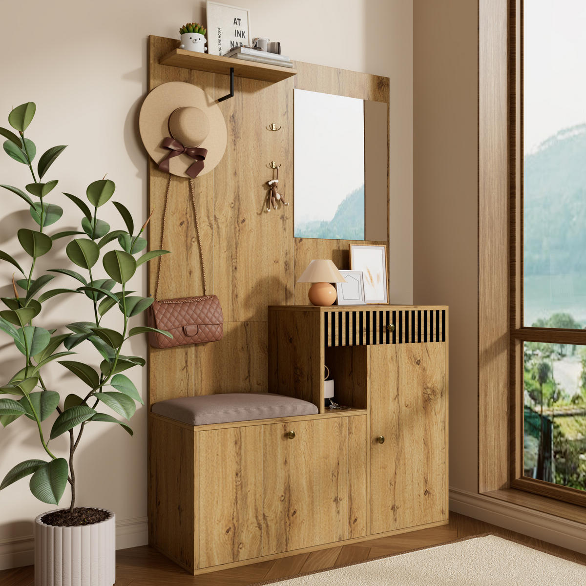 GARDEROBE Flur MDF Schuhschrank Sitzbank Spiegel Soft-Close verstellbare Regale - Schwarz/Naturfarben, Glas/Holzwerkstoff (111/185.5/37cm) - EVRYAE