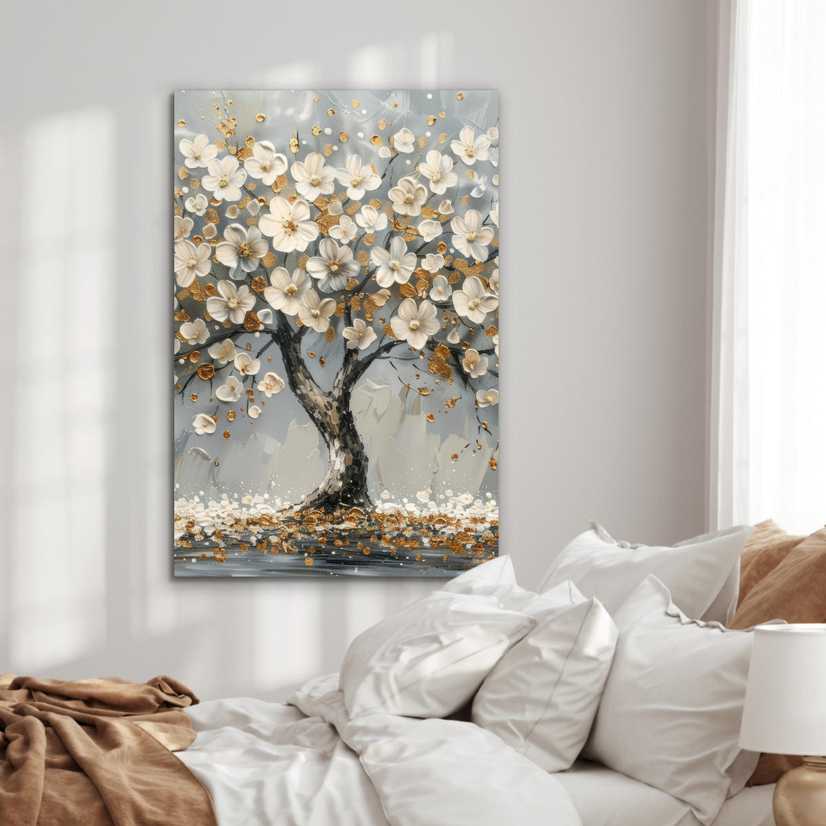 METALLBILD Baum - Blumen - Weiß - Natur - Kunst 60x90 cm - Weiß, Metall (60/90cm) - MuchoWow