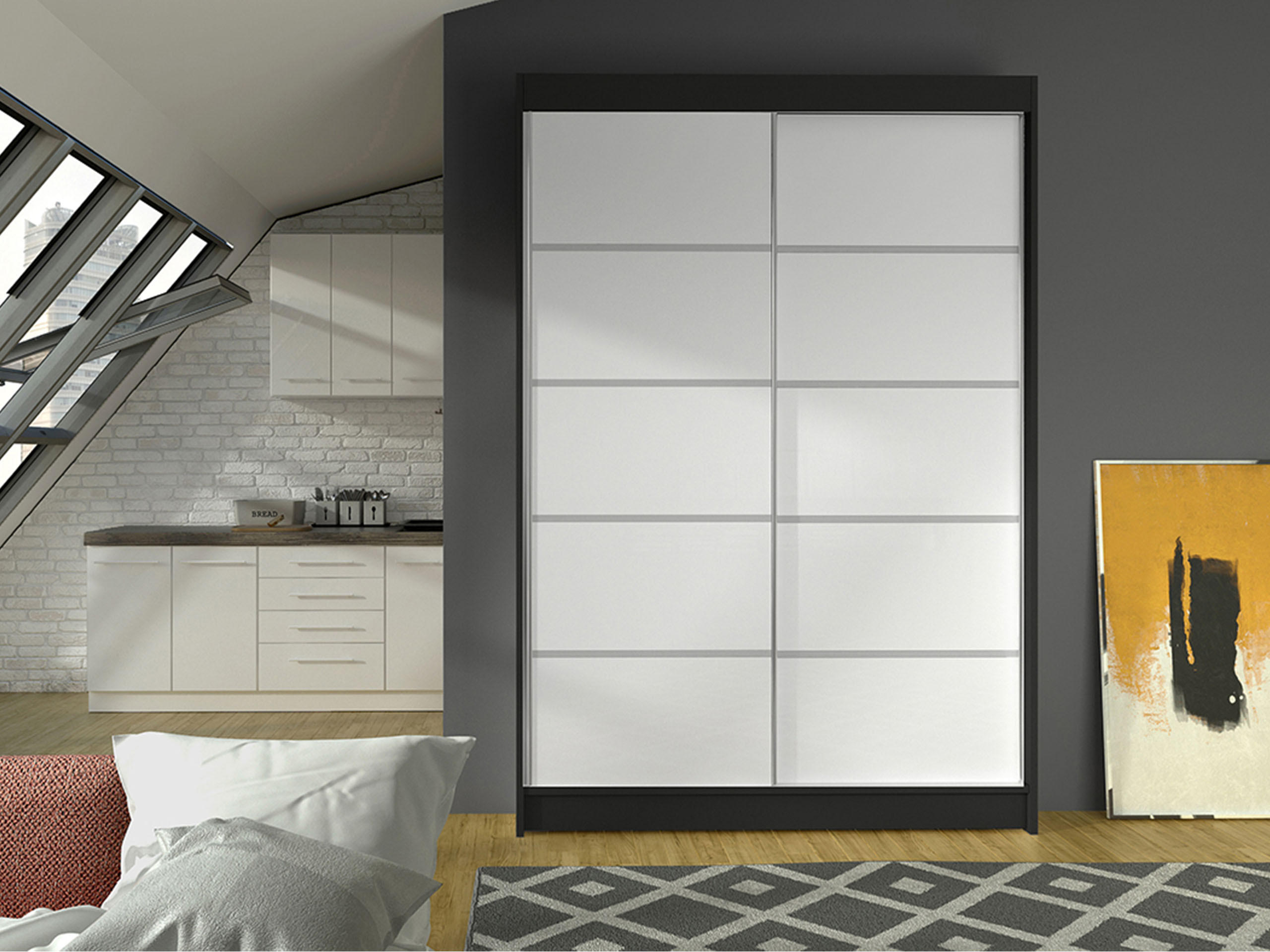 SCHWEBETÜRENSCHRANK Lino IV - Schwarz/Weiß, Holzwerkstoff/Metall (120/200/58cm) - MIRJAN24
