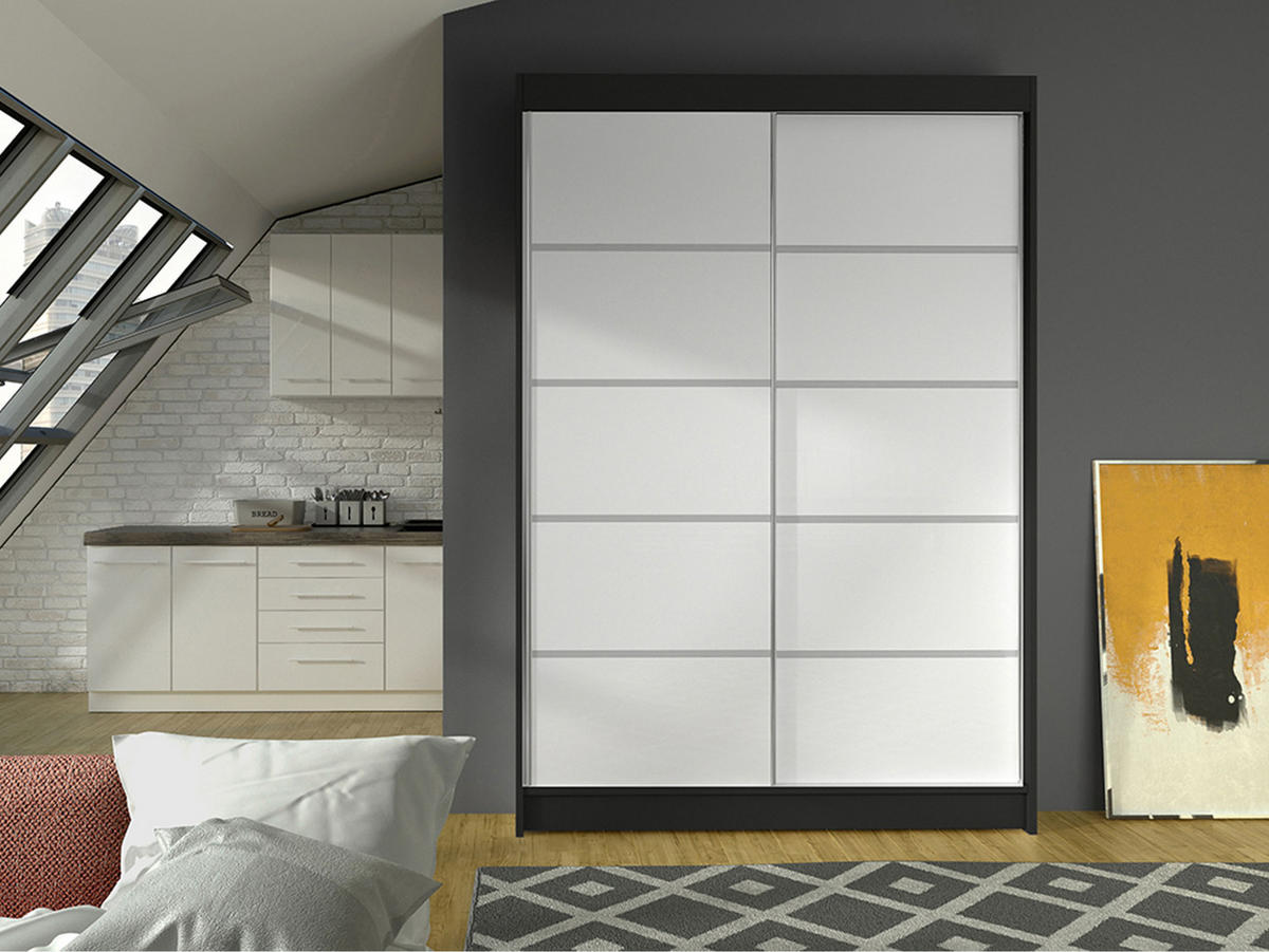 SCHWEBETÜRENSCHRANK Lino IV - Schwarz/Weiß, Holzwerkstoff/Metall (120/200/58cm) - MIRJAN24