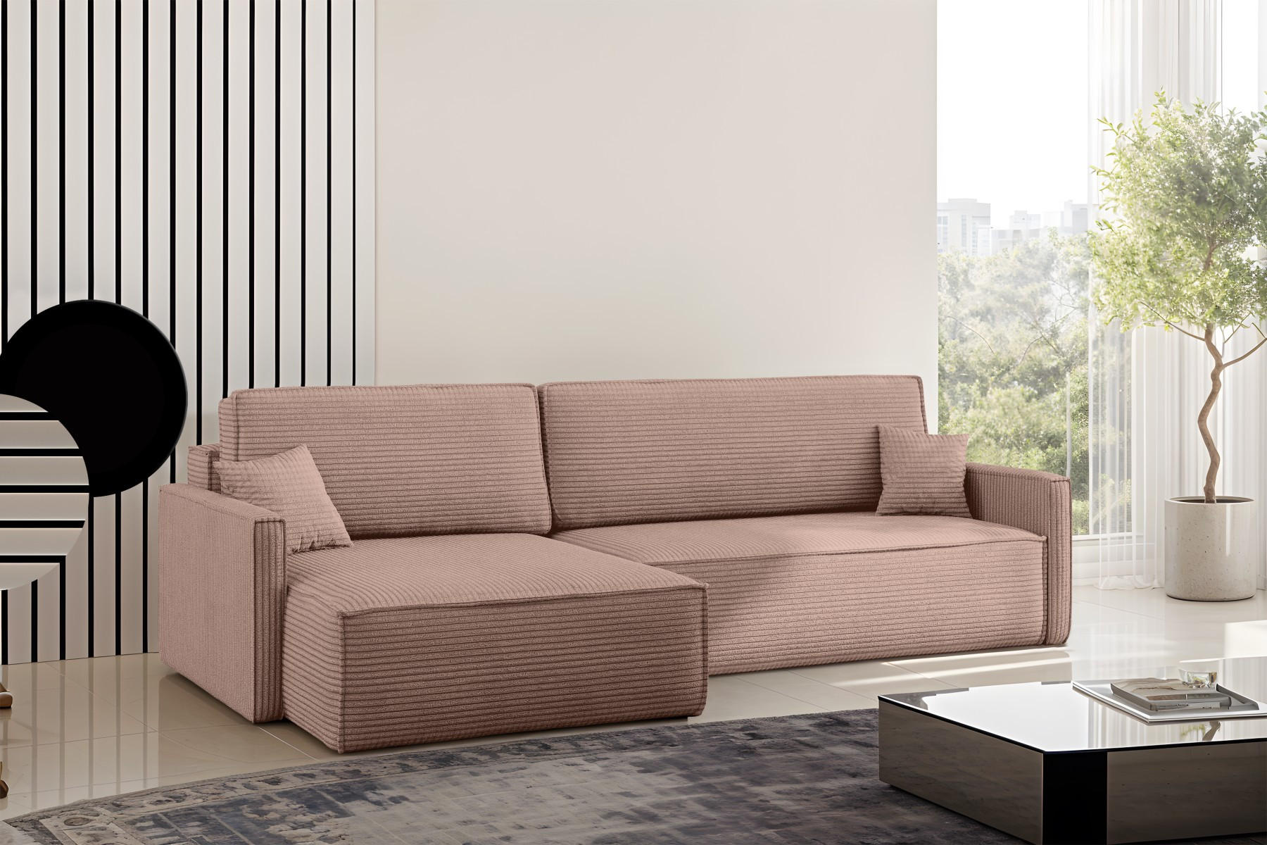 SCHLAFSOFA Carlos, Ecksofa L-Form mit schlaffunktion und bettkasten Stoff Poso Rosa Links - Rosa, Holz (142/83/250cm) - Kaiser Möbel