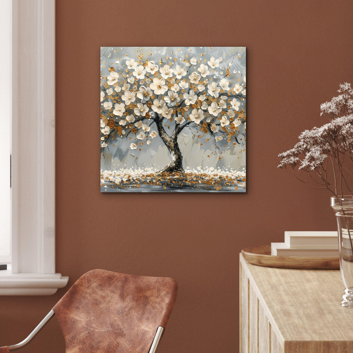 KOVOVÝ OBRAZ Strom - Kvety - Biela - Príroda - Umenie 50x50 cm - biela, kov (50/50cm) - MuchoWow