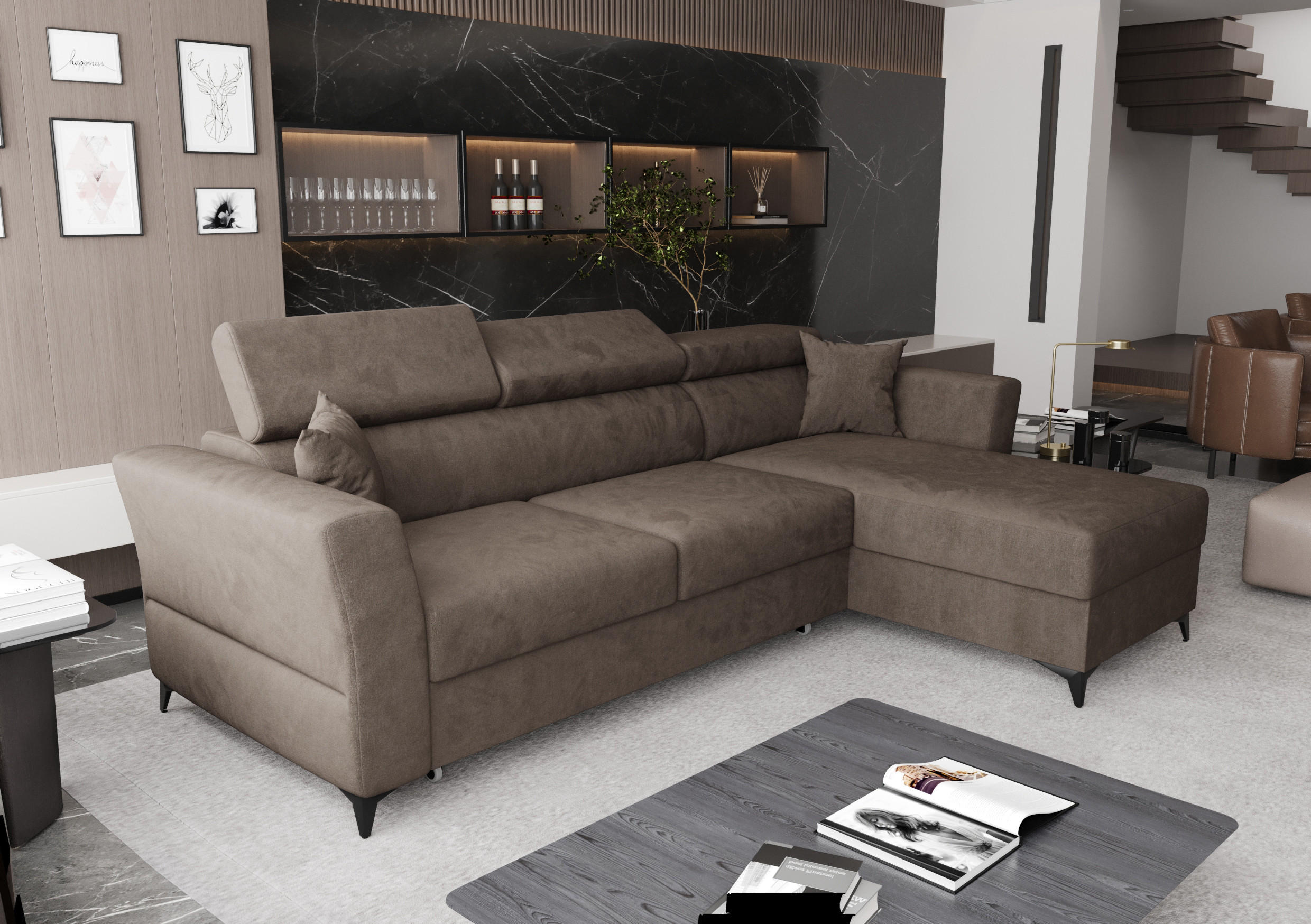 ECKSOFA L Form Ribella Bronze 265/180/100 cm Rechts mit Schlaffunktion - Schwarz/Bronzefarben, Textil/Metall (265/180cm) - AX Living
