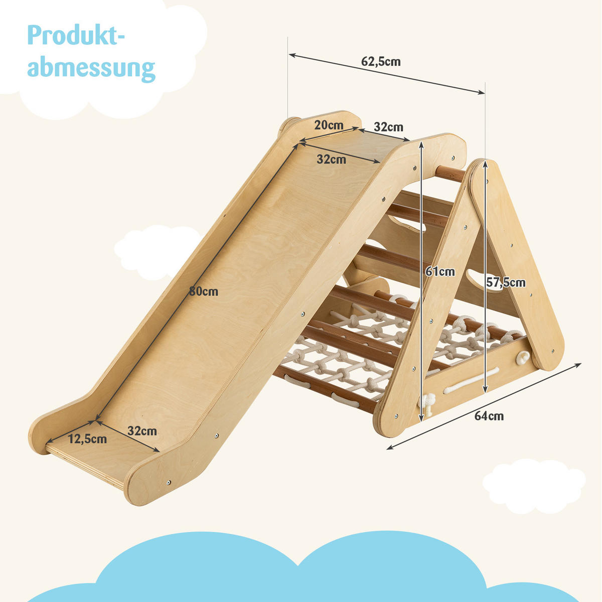 KLÄTTERDREIECK 4 i 1 trä - Naturfärgad, Trä (64/58/63cm) - COSTWAY
