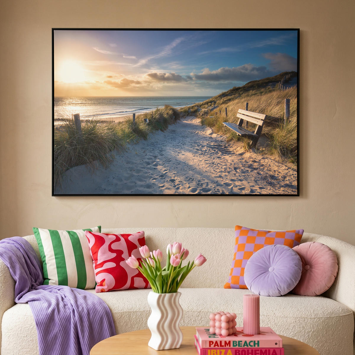 LEINWAND Bilder mit Rahmen - Sonnenuntergang - Strand - Düne - Gras - Ufer - 120x80 - Sandfarben, Textil (120/80cm) - MuchoWow