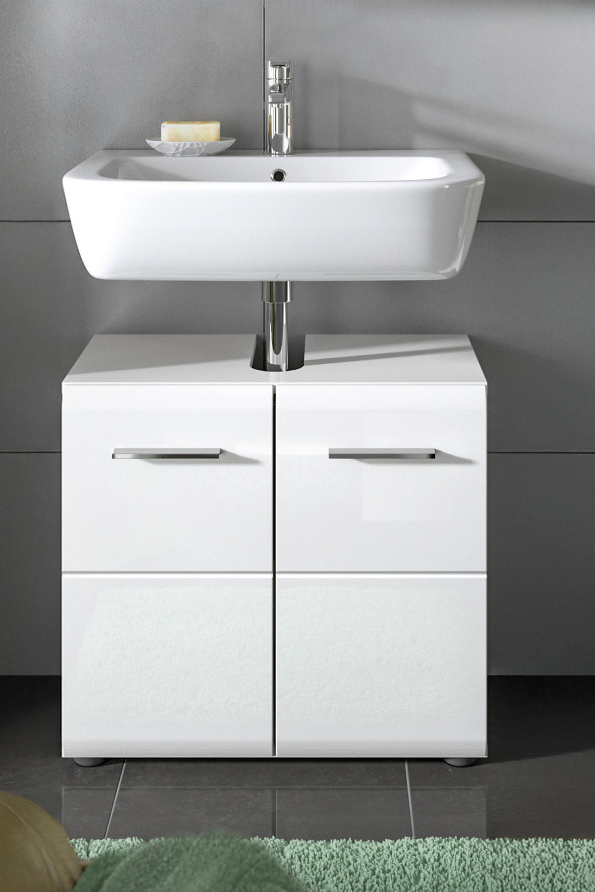 WASCHBECKENUNTERSCHRANK weiß Hochglanz, Badezimmer Unterschrank 60 cm - Weiß Hochglanz/Silberfarben, Holzwerkstoff/Kunststoff (60/54/30cm) - Inn.Furn