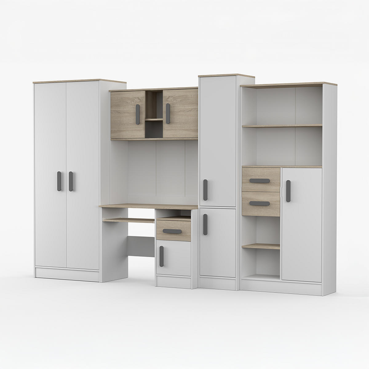 WOHNWAND Markus Weiß Sonoma Eiche mit griffenfarbe: Grau - Weiß/Grau, Holzwerkstoff (300/197/52cm) - imoebel24