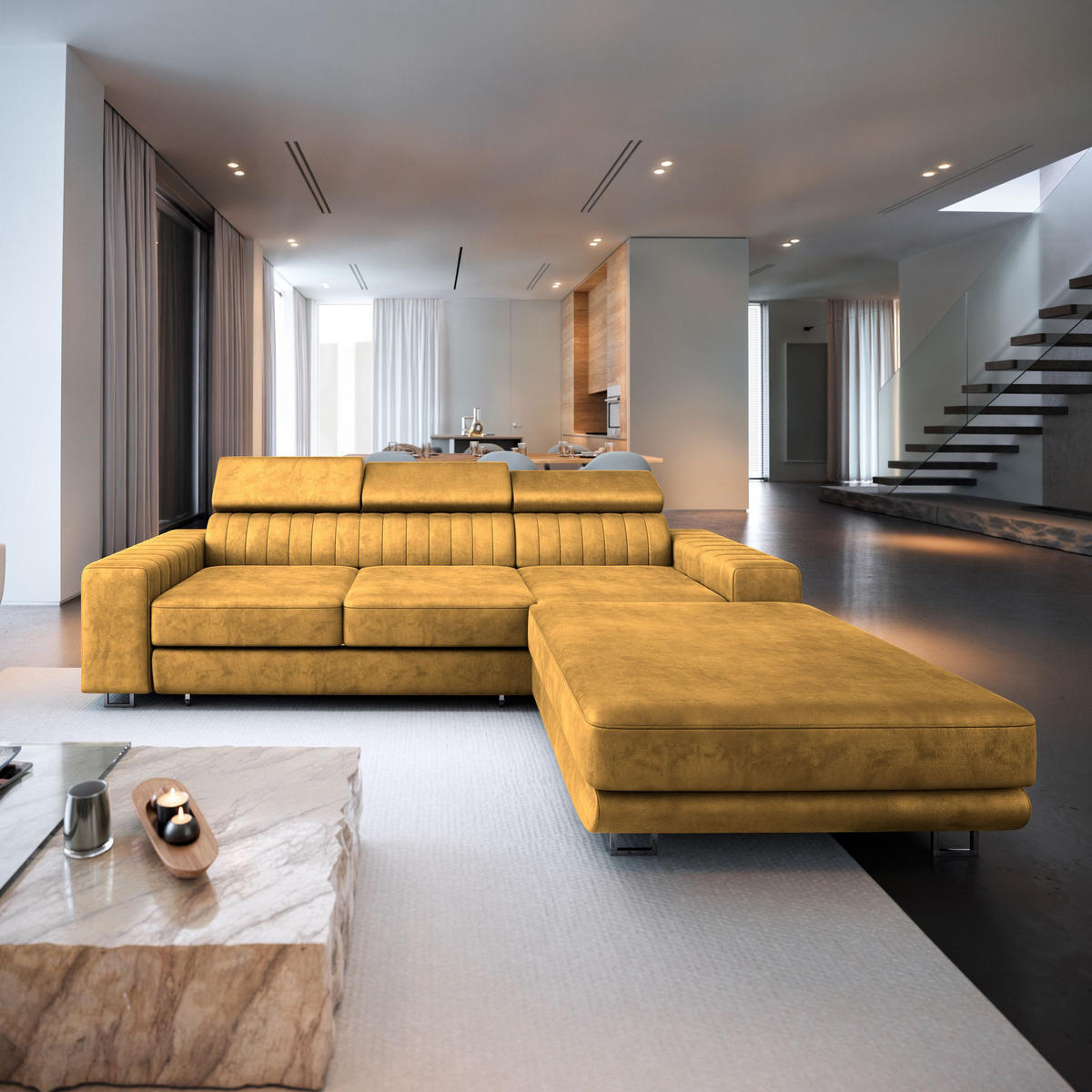 ECKSOFA NOTO L-S Gelb Velours-Stoff mit Schlaffunktion - Gelb, Holz (267/190cm) - MASSENO