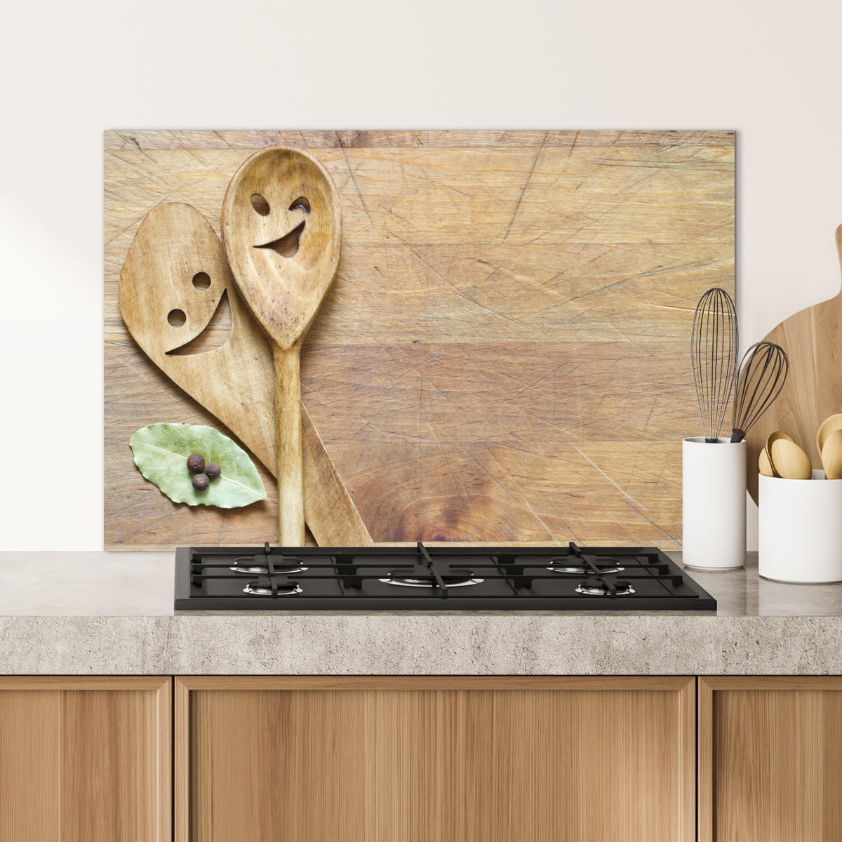 SPRITZSCHUTZ KÜCHE Holz - Löffel - Braun - Smiley 90x60 cm - Hellbraun, Metall (90/0.3/60cm) - MuchoWow