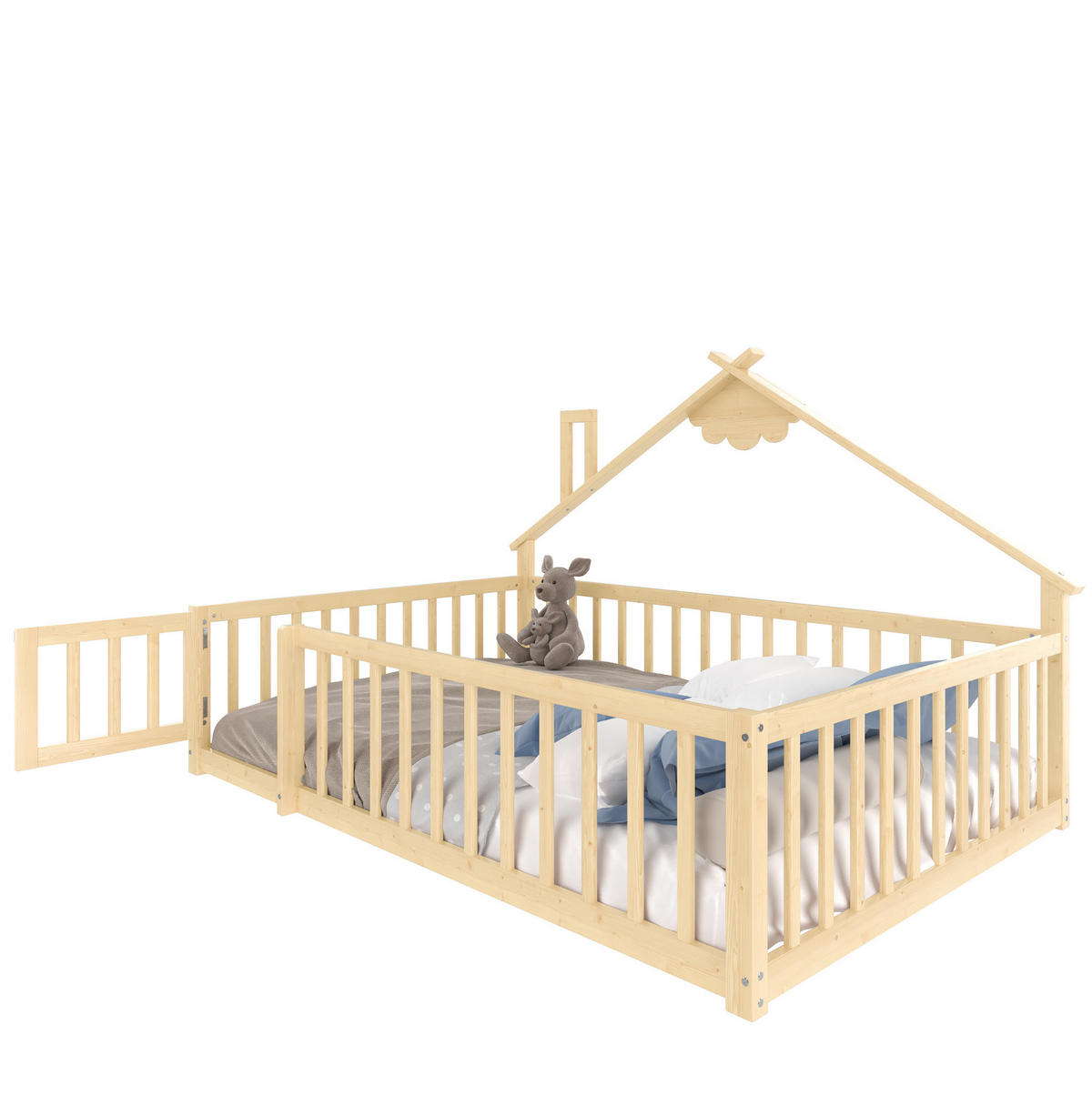 FLACHBETT 140/190 cm Natur Kiefernholz mit Geländer und Schloss - Naturfarben, Holz (140/190cm) - OKWISH