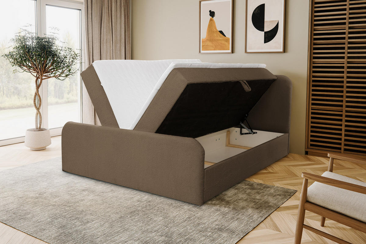 BOXBETT LAMBI mit 2 Bettkästen, 180x200, Farbe: Braun, Bouclé-Stoff, mit Bonell-Matratze inkl. Topper - Braun, Holz/Kunststoff (180/200cm) - VENASI MÖBEL