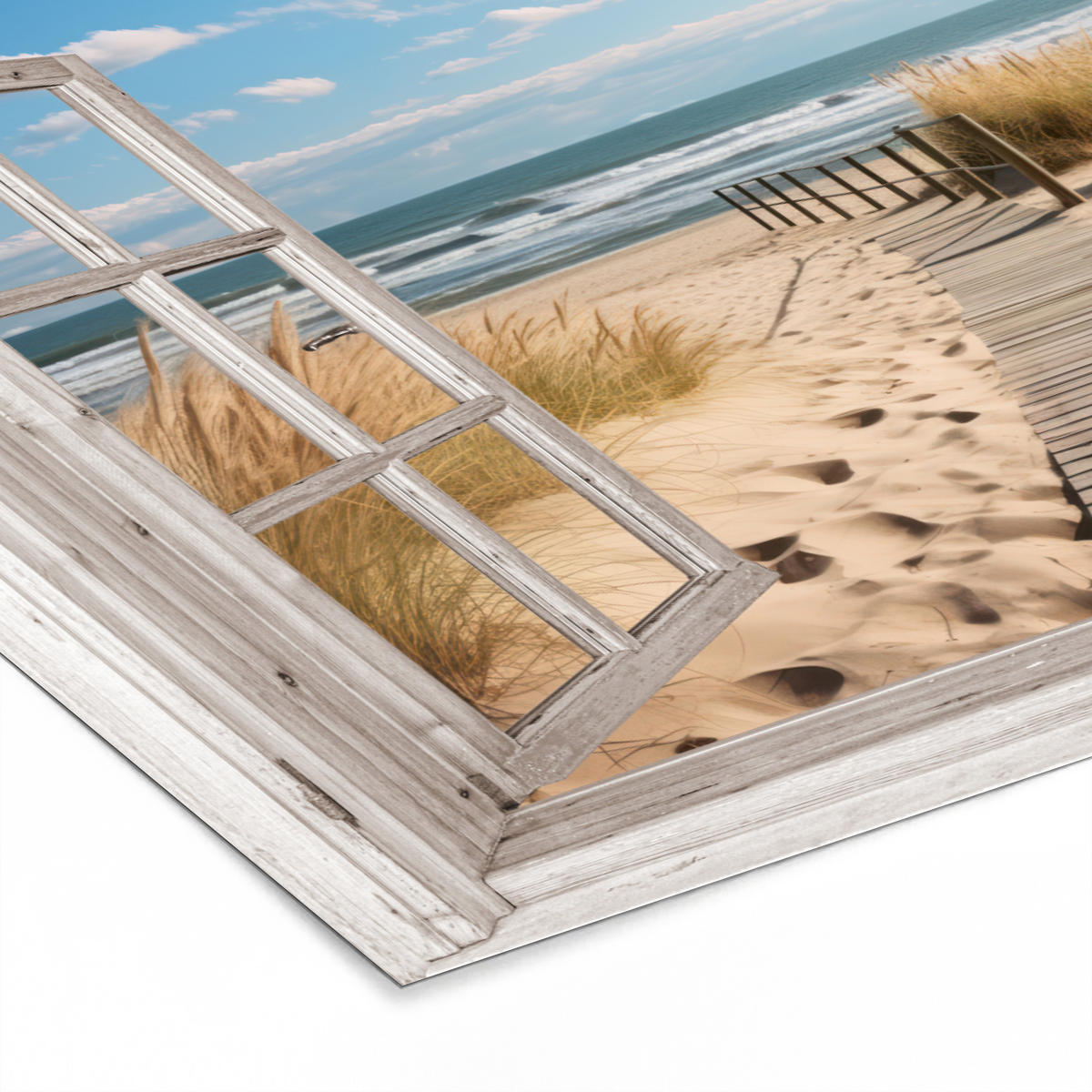 POSTER MIT RAHMENGERAHMTES BILD - Fenster - Meer - Küste - Natur - Ausblick - Strand - Wattenmeer - 60x40 cm - Beige, Papier (60/40cm) - MuchoWow