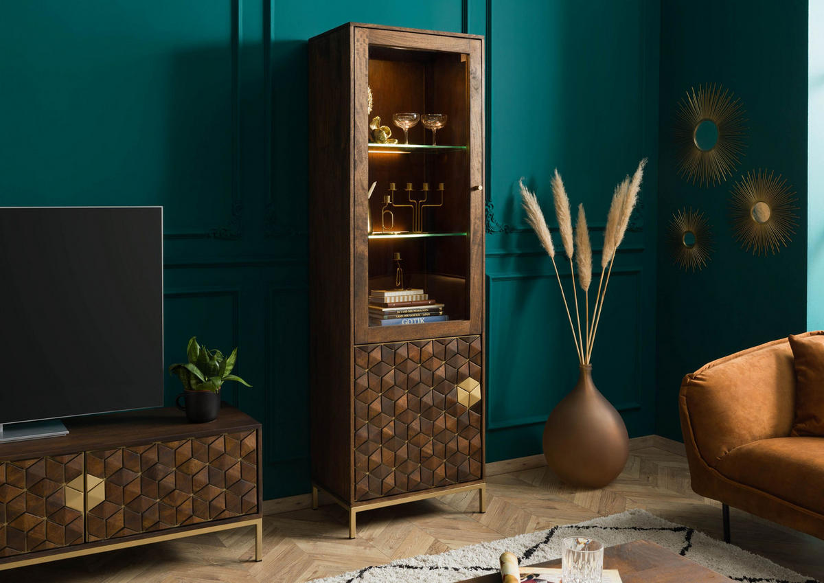 VITRINE Mango 63x40x200 braun geölt DIAMOND #216 - Braun, Holz (63/200/40cm) - Massivmoebel24