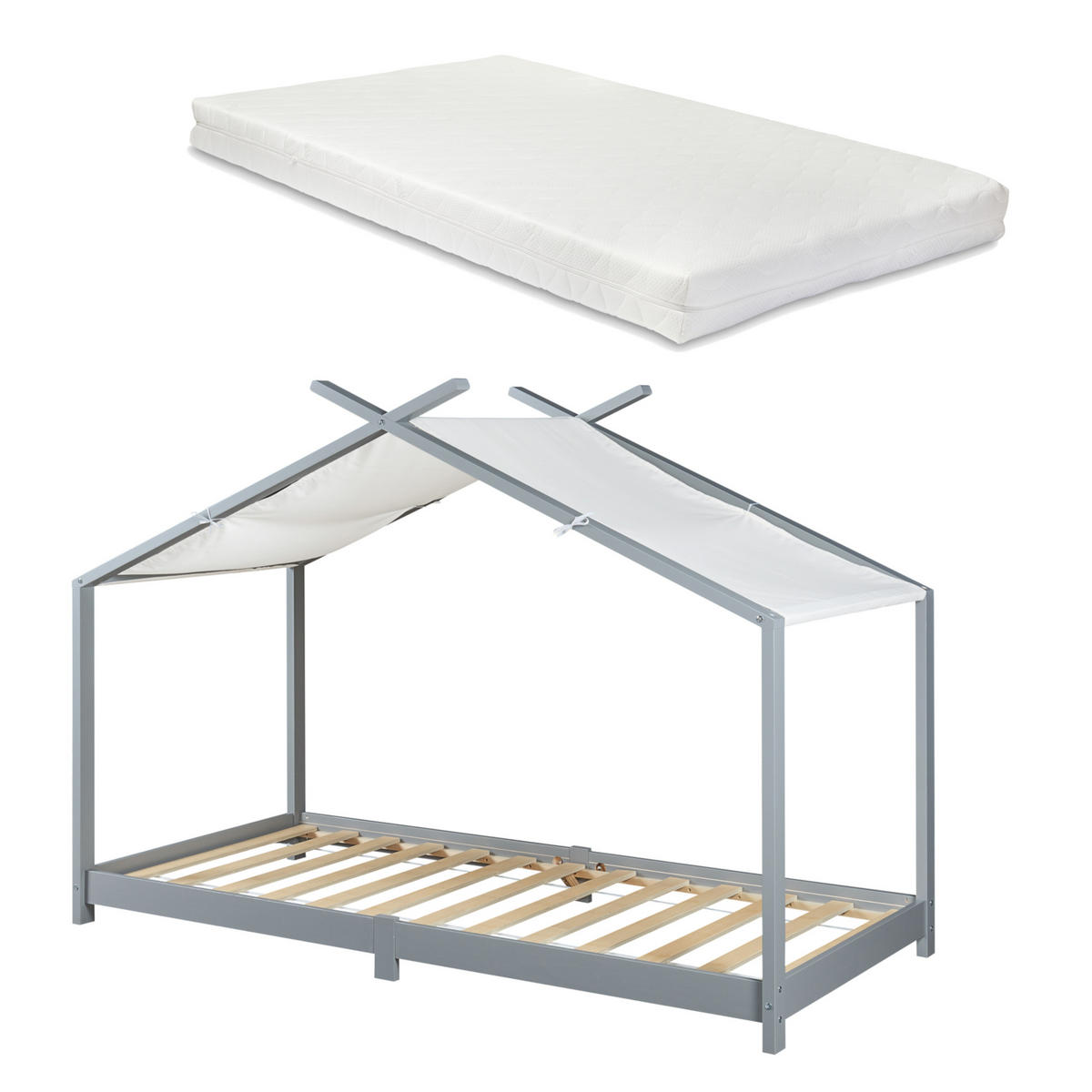 HAUSBETT Brome mit Matratze - Grau, Holz/Textil (90/200cm) - [en.casa]