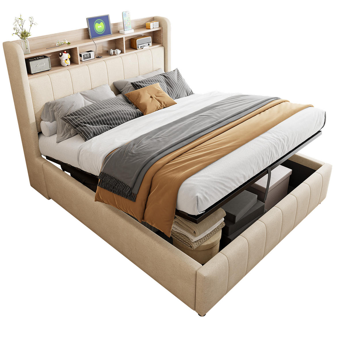 POLSTERBETT 140/200 cm Beige mit LED-Beleuchtung und hydraulischem Stauraum - Beige, Textil (140/200cm) - OKWISH