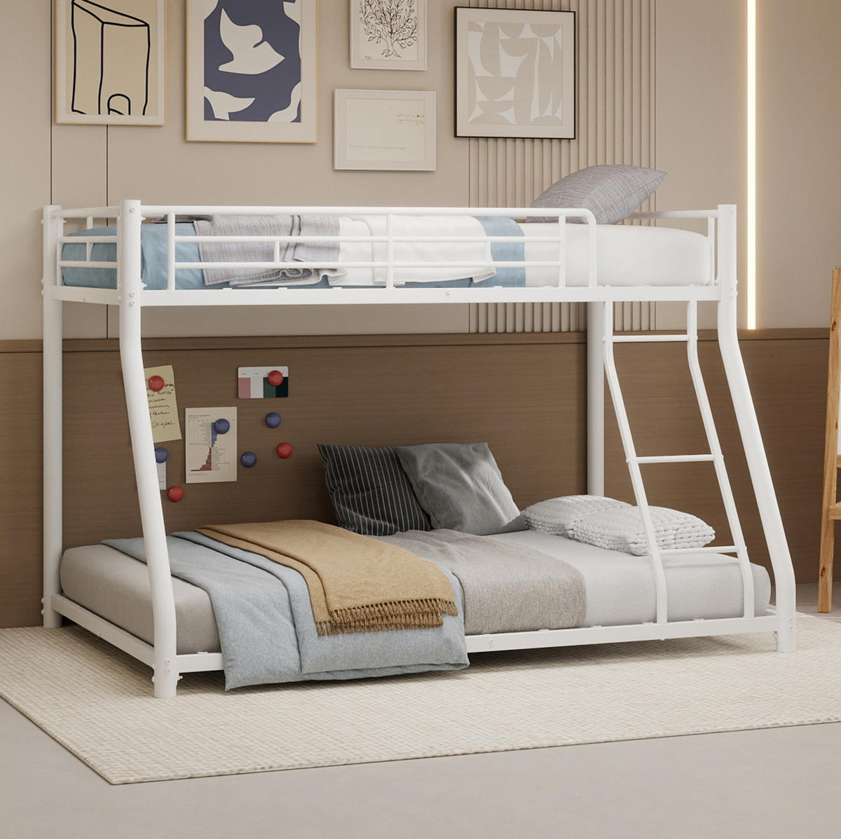 ETAGENBETT Metall 140/200 cm mit Leiter, erhöhtem Geländer und geräuscharmen Latten, Weiß - Weiß, Metall (140/200cm) - Redom