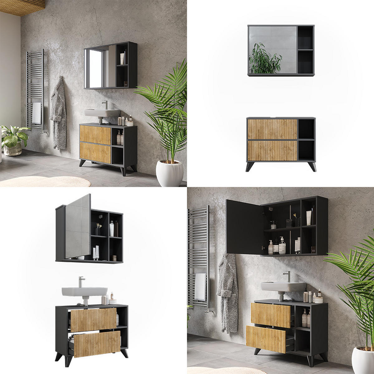 BADMÖBEL-SET Leano Anthrazit/Bergeiche 80 cm, Set 1 - Eichefarben/Anthrazit, Holzwerkstoff (80/62/30cm) - Vicco