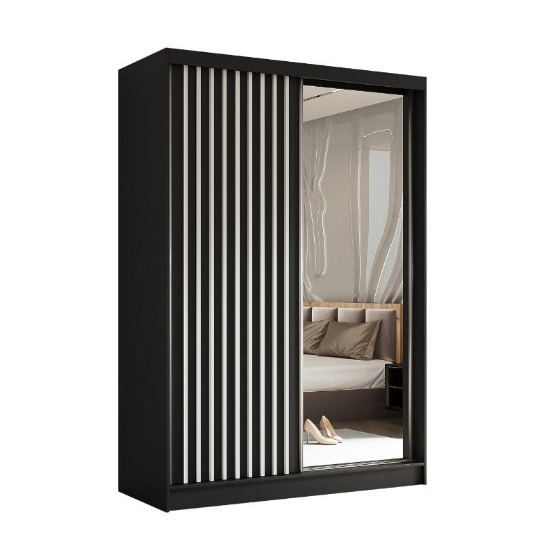 SCHWEBETÜRENSCHRANK Erika 150 cm mit Lamellen und Spiegel 2-türig, schwarz, schwarz, Lamelle weiß - Schwarz/Weiß, Kunststoff (150/216/51cm) - Margaret Hadas24