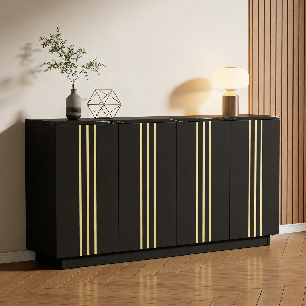SIDEBOARD Schwarz Gold 4 Türen 140cm verstellbar Modern Schrank - Schwarz, Holzwerkstoff (35/70/140cm) - FLIEKS