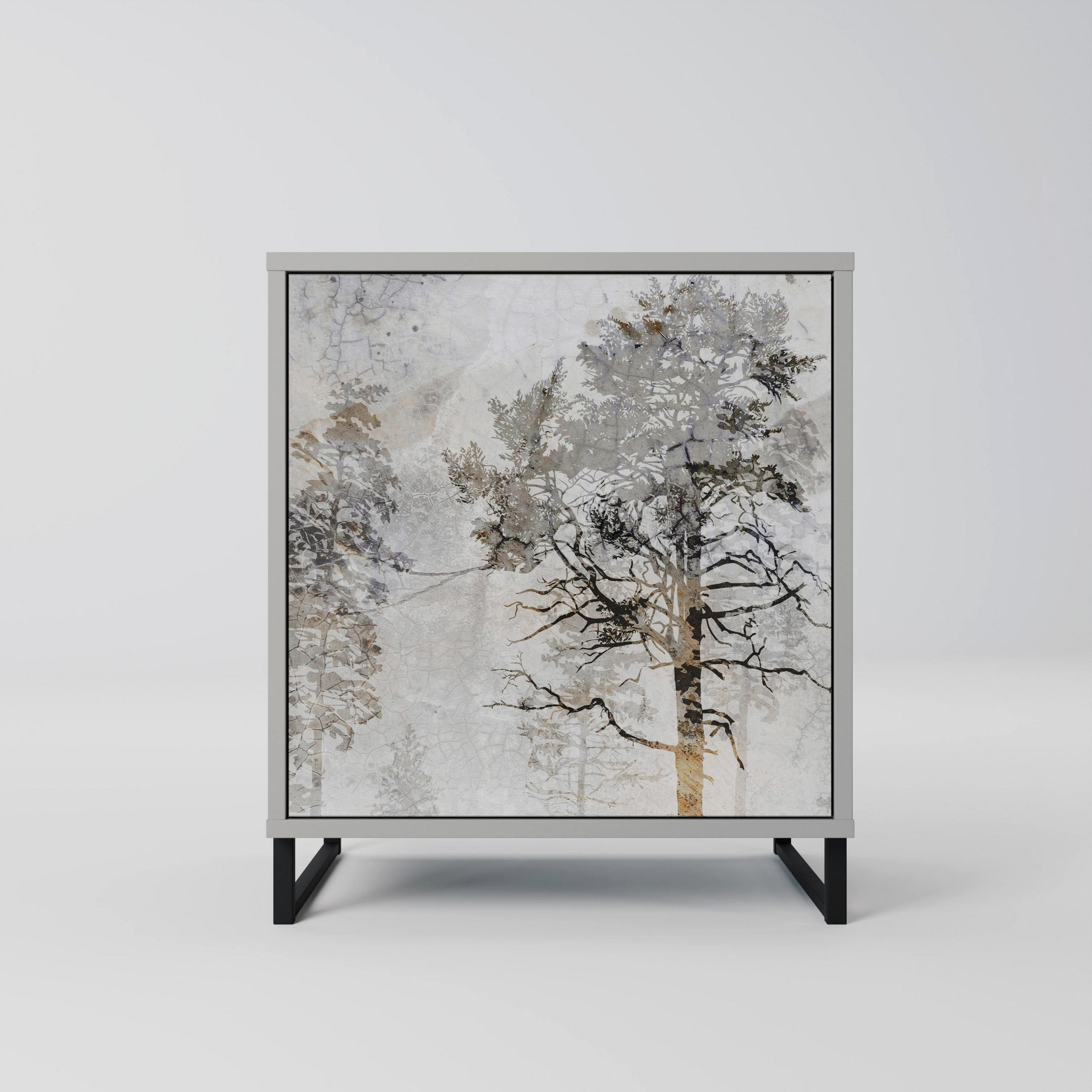 SIDEBOARD FADE IN THE TREES, Grau, 57,5x42x67,5 cm, Schwarze Metall-Rahmenfüße - Multicolor/Schwarz, Holzwerkstoff/Metall (57.5/67.5/42cm) - SpaceRebels