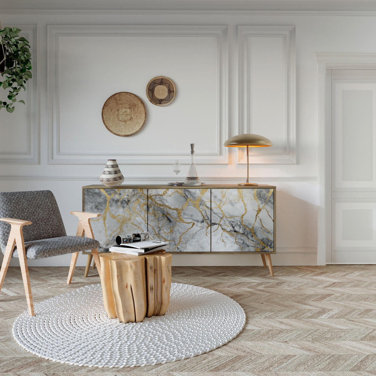 SIDEBOARD TIMELESS GLIDE, Eicheneffekt, 164,5x42x77,5 cm, 3 Türen - Eichefarben/Buchefarben, Holzwerkstoff/Buchenholz (164.5/77.5/42cm) - SpaceRebels