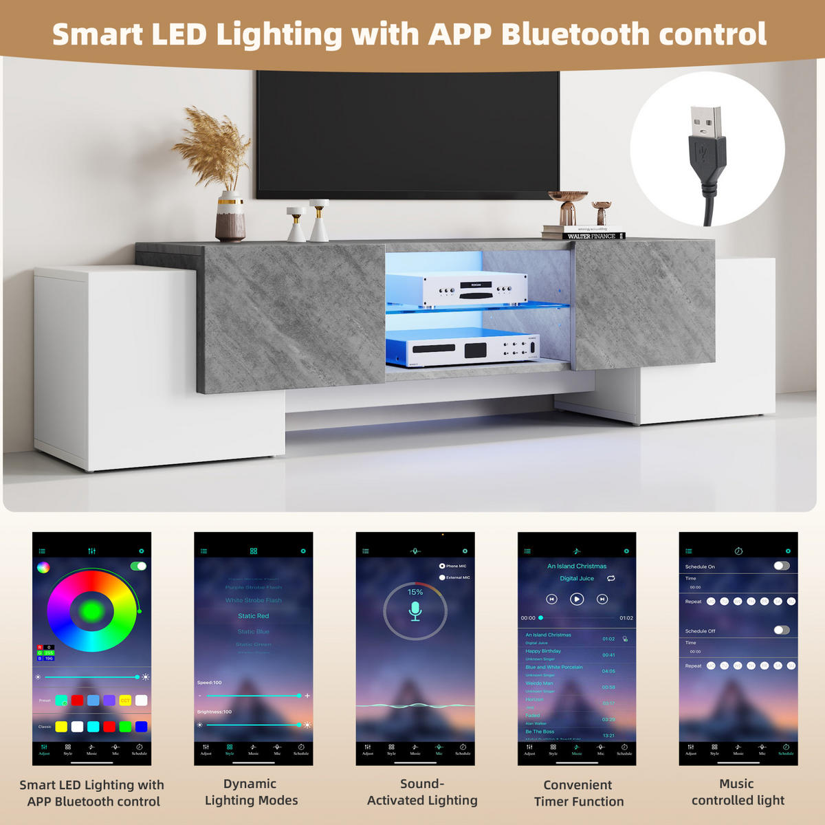 LOWBOARD 180/40/46.5 cm weiß/grau aus MDF mit LED-Lichtleiste - Weiß, Holzwerkstoff (40/46.5/180cm) - OKMYHOME