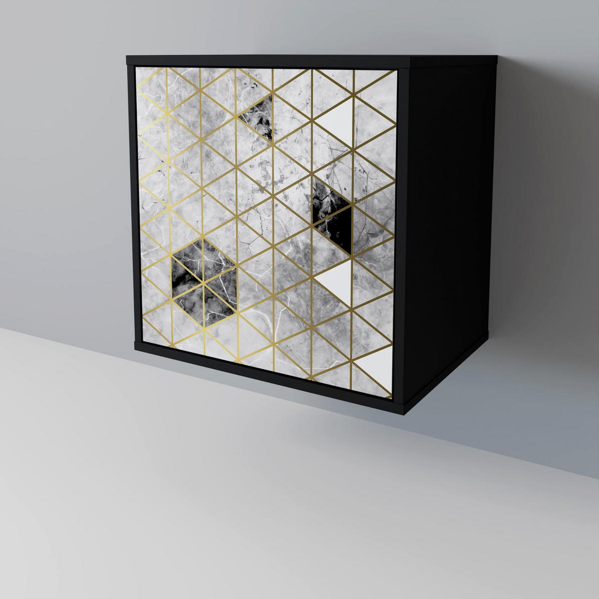 SIDEBOARD ASHEN ARIA, Schwarz, 57,5x42x75,5 cm, Goldfarbene Metallfüße - Goldfarben/Multicolor, Holzwerkstoff/Metall (57.5/75.5/42cm) - SpaceRebels