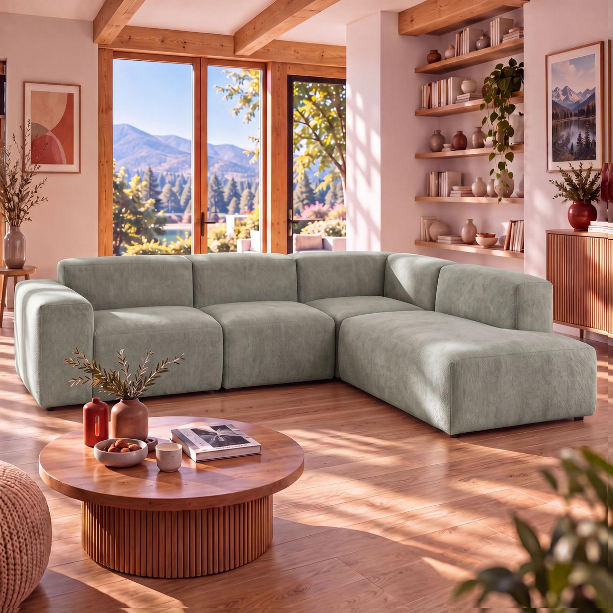 4-SITZER modulares Ecksofa HEAVEN SET 2 Rechts, Breite 300 cm Webstoff Grün - Schwarz/Grün, Holz/Kunststoff (245/300cm) - Muffo