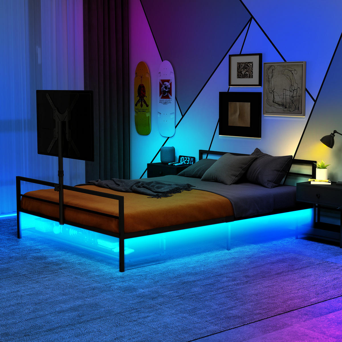 BETT Gaming 206 cm schwarz mit LED-Beleuchtung und verstellbarer Halterung - Schwarz, Metall (90/200cm) - OKWISH