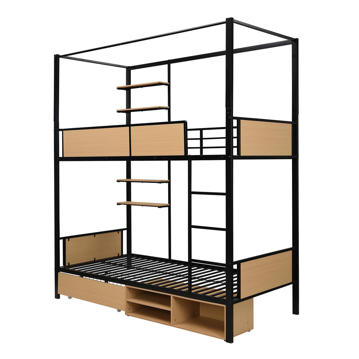 ETAGENBETT 90/200 cm schwarz und natur aus Metall mit Stauraum - Schwarz, Holzwerkstoff (90/200cm) - OKWISH