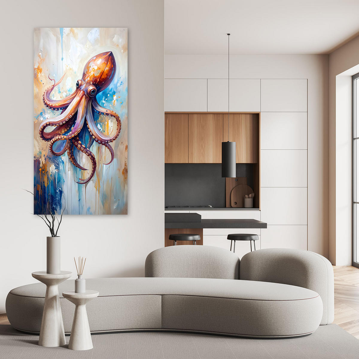 LEINWANDBILD Oktopus Meeresfrüchte 40x80cm - Blau, Textil (40/80cm) - Feeby