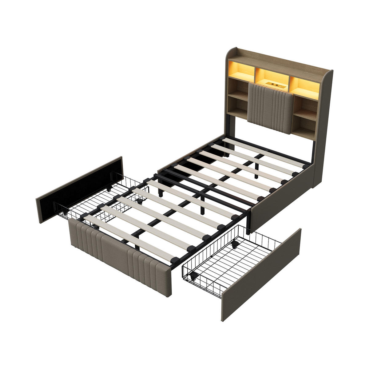 POLSTERBETT 90/200 cm Beige mit 2 Schubladen, LED-Kopfteil mit Ablage und USB - Beige, Metall (90/200cm) - EuroLiving