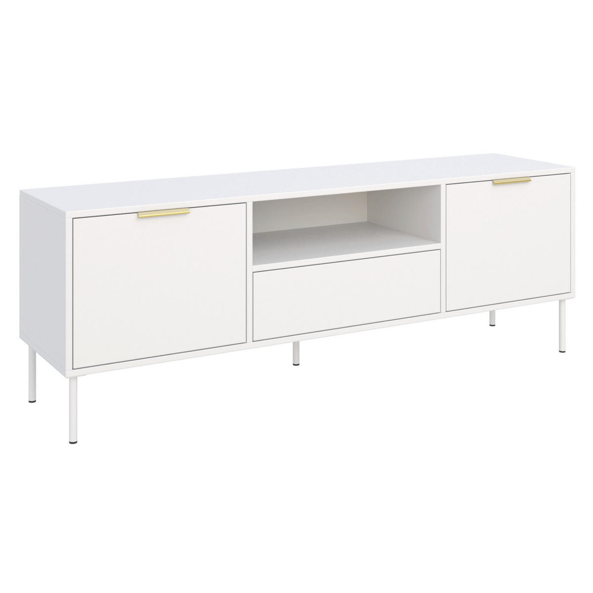 TV stolík s 2 dvierkami, zásuvkou a nikou, Biela, 160cm - biela/zlatá, kov/kompozitné drevo (160/57/40cm) - Selsey
