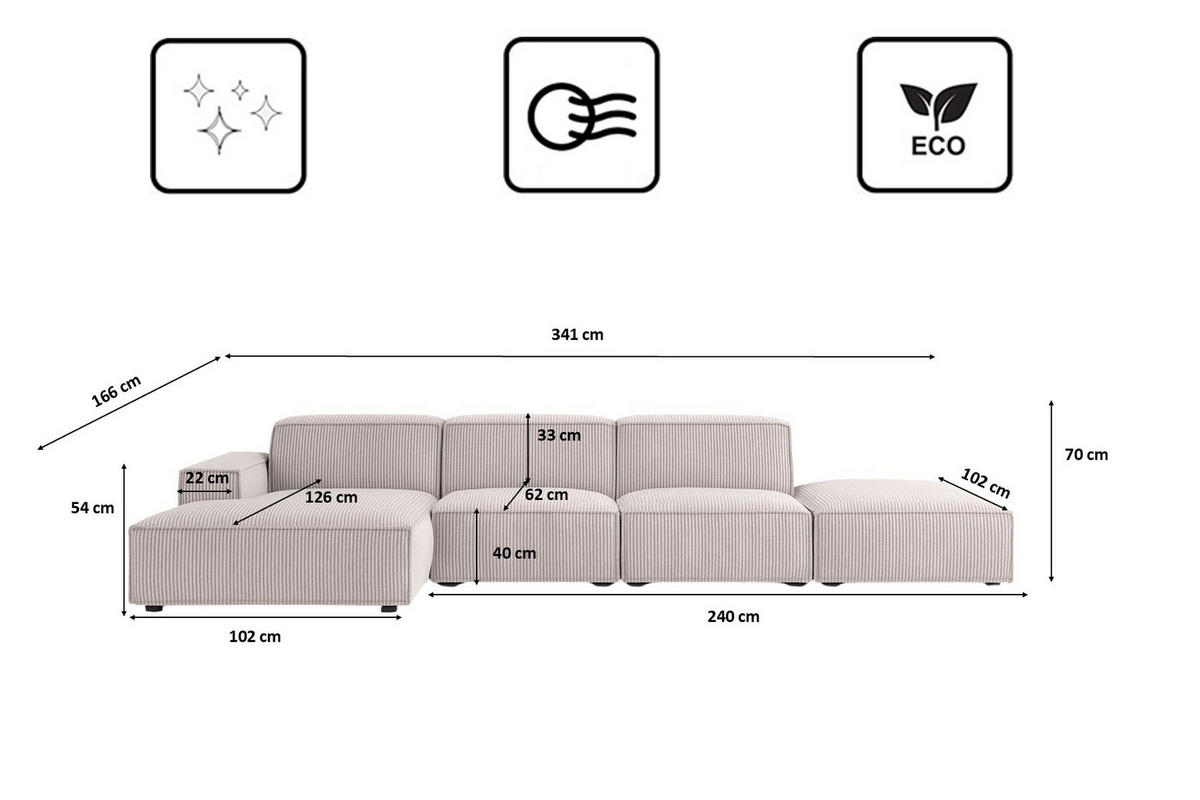 ECKSOFA Cursal L-Form, Stoff Poso, Beige + Hocker, Links - Creme, Holz (341/166cm) - Kaiser Möbel