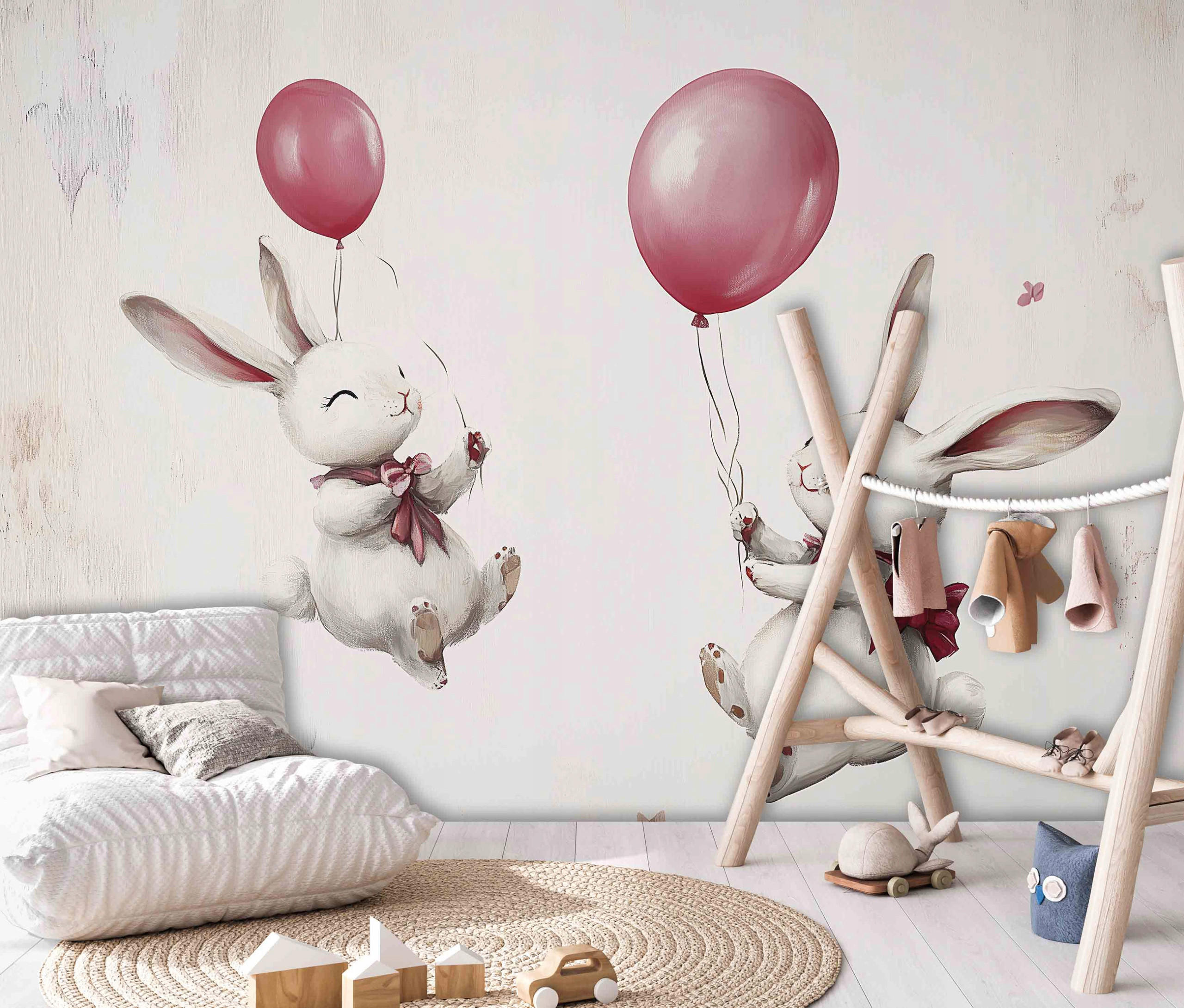 FOTOTAPETE Kinderzimmer Kaninchen Luftballons 200x140 - Multicolor, Papier (200/140cm) - Wallarena