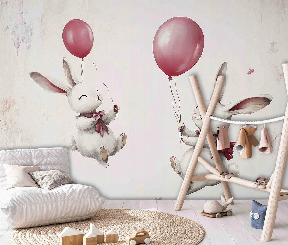 FOTOTAPETE Kinderzimmer Kaninchen Luftballons 350x250 - Multicolor, Papier (350/250cm) - Wallarena
