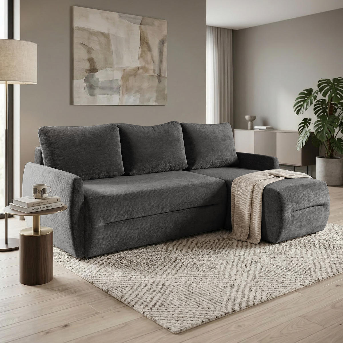 ECKSCHLAFSOFA Camila mit Schlaffunktion und universeller Ottomane, Dunkelgrau - Dunkelgrau, Textil (225/153cm) - Beautysofa
